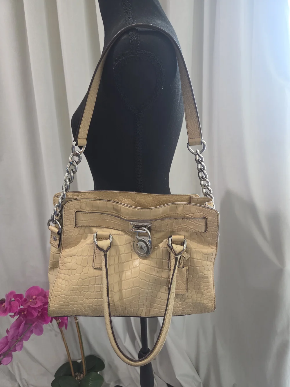 Michael Kors Beige Croc-Embossed Satchel with Silver Hardware